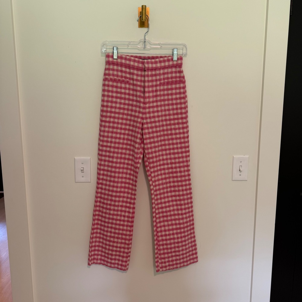 Zara Pink Gingham High Waisted Straight Leg Pants Women XS Checkered Trousers